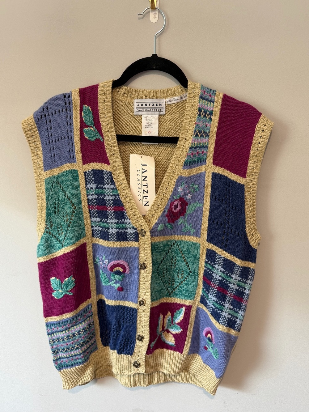 Vintage Jantzen Patchwork Colorblock Embroidered Grandma Sweater Vest Medium NWT